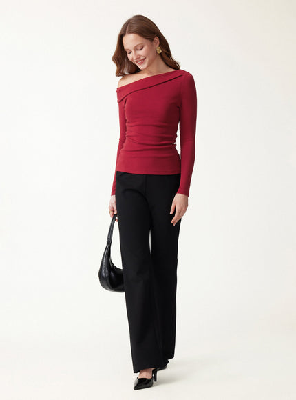 Asymmetrical Neck Long Sleeve Built-In Bra Top