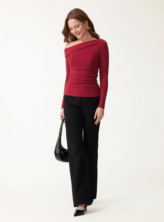 Asymmetrical Neck Long Sleeve Built-In Bra Top