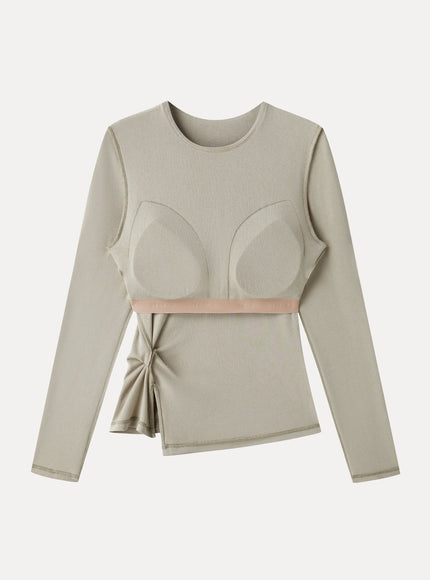 Round Neck Long Sleeve Twist-Hem Built-In Bra Top