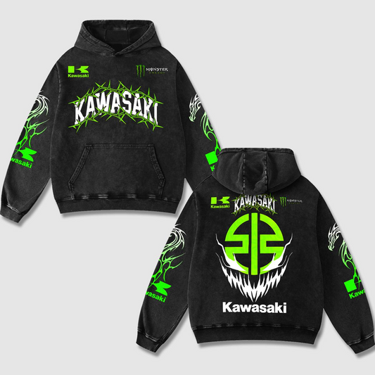 Retro Kawasaki Racing Monster Energy Hoodie Black Acid Washed, Cyber Gothic Thorns Dragon Super – Black
