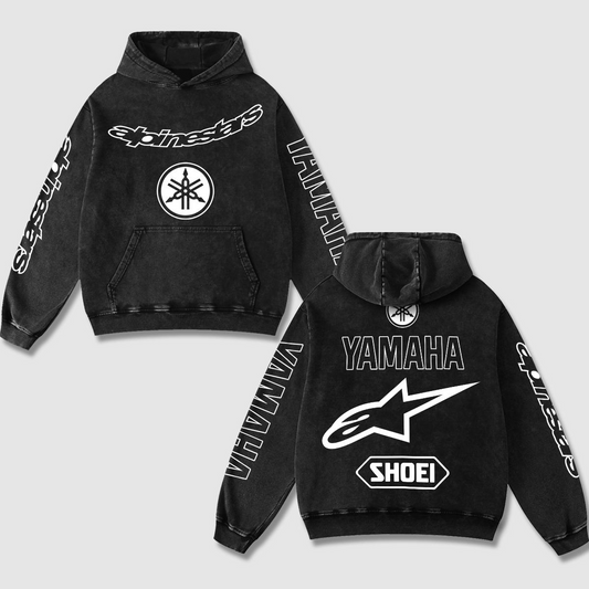 Retro Yamaha Alpinestars Racing Hoodie Black Acid Washed, Japanese Tuning Fork Shoei Superbike  – Black