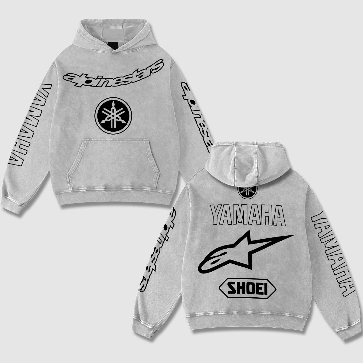 Retro Yamaha Alpinestars Racing Hoodie Black Acid Washed, Japanese Tuning Fork Shoei Superbike  – Gray