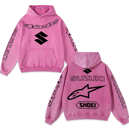 Retro Suzuki Alpinestars Racing Hoodie Black Acid Washed, Japanese Superbike S Logo Shoei Helme – Rose