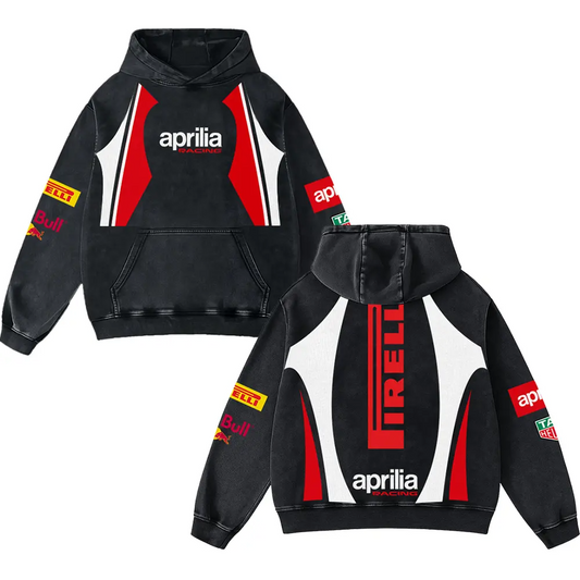 Redbull x Aprilia Biker Hoodie Washed Vintage MotoGP Racing Streetwear, Motorcycle Graphic Hoodie Unisex, – image 1