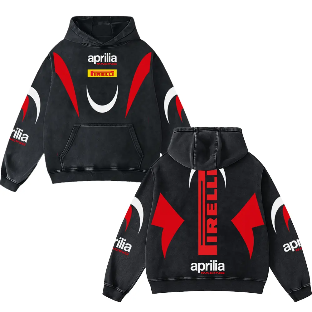 Aprilia x Firelli Biker Hoodie Washed Vintage MotoGP Racing Streetwear, Motorcycle Graphic Hoodie Unisex, – image 1