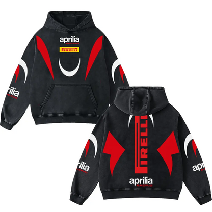 Aprilia x Firelli Biker Hoodie Washed Vintage MotoGP Racing Streetwear, Motorcycle Graphic Hoodie Unisex, – image 1