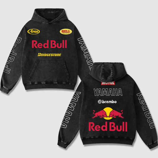 Redbull x Yamaha Biker Hoodie Washed Vintage MotoGP Racing Streetwear, Motorcycle Graphic Hoodie Unisex,  – image 1