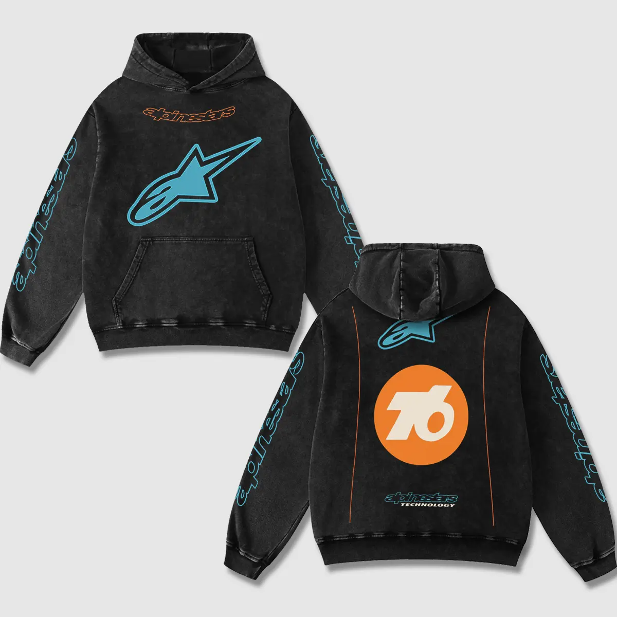 Alpinestars Technology Biker Hoodie Washed Vintage MotoGP Racing Streetwear, Motorcycle Graphic Hoodie Un – image 1