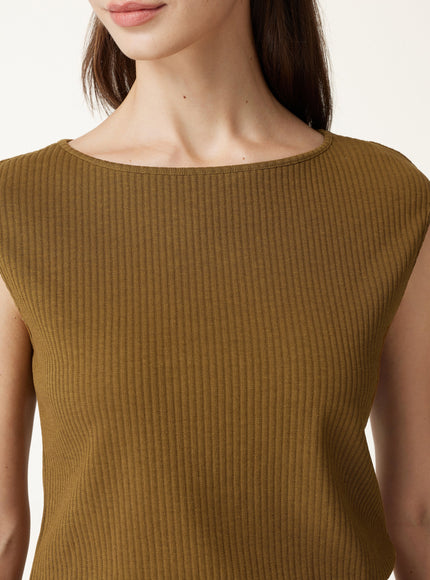 Textured Cotton Blend Boatneck Sleeveless Banded Hem Top