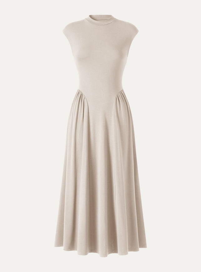 Ponte Mock Neck Ruched A-Line Midi Dress with Pockets