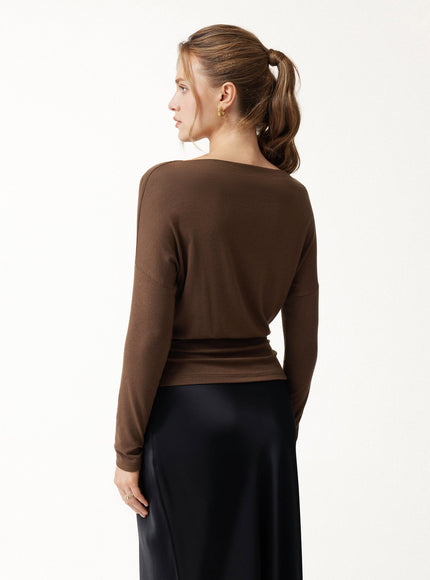 Lyocell-Wool Slash Neck Long Sleeve Ruched Banded Hem Top