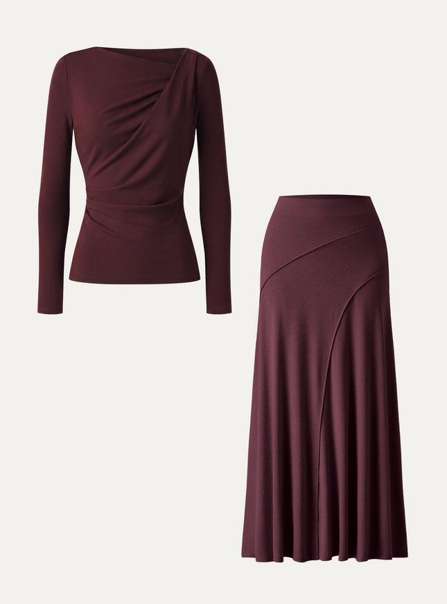 2Pcs Set Asymmetrical Neck Top & Drapey A-Line Midi Skirt