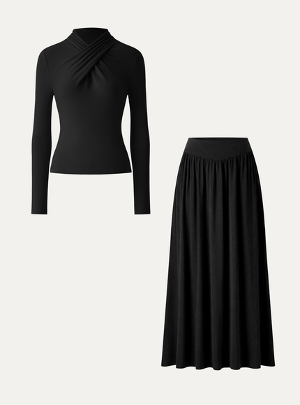 2Pcs Set Mockneck Long Sleeve Top & Mid-Rise A-Line Midi Skirt with Pockets