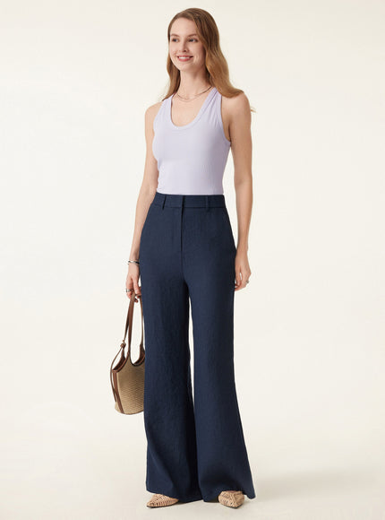 European Linen-Like Mid Rise Flared Pant with Pockets
