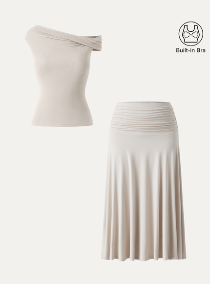 2Pcs Set Multi-wear Built-In Bra Top & Side Ruched A-line Midi Skirt