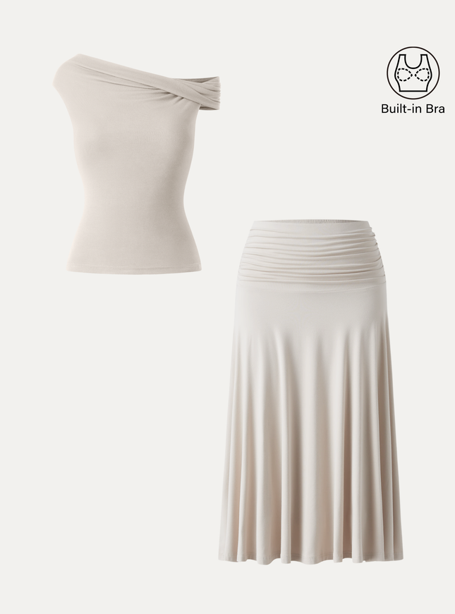 2Pcs Set Multi-wear Built-In Bra Top & Side Ruched A-line Midi Skirt
