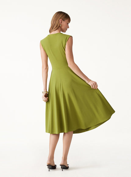 Viscose-Cotton Mock Neck Sleeveless Tucked Midi Dress