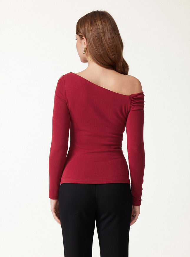 Asymmetrical Neck Long Sleeve Built-In Bra Top
