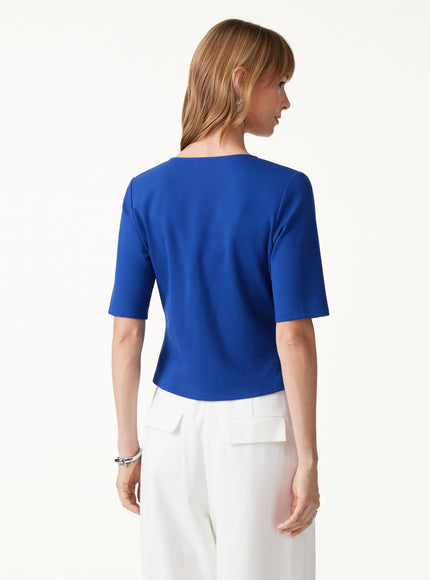 Ponte Surplice Elbow Sleeve Asymmetrical Hem Top