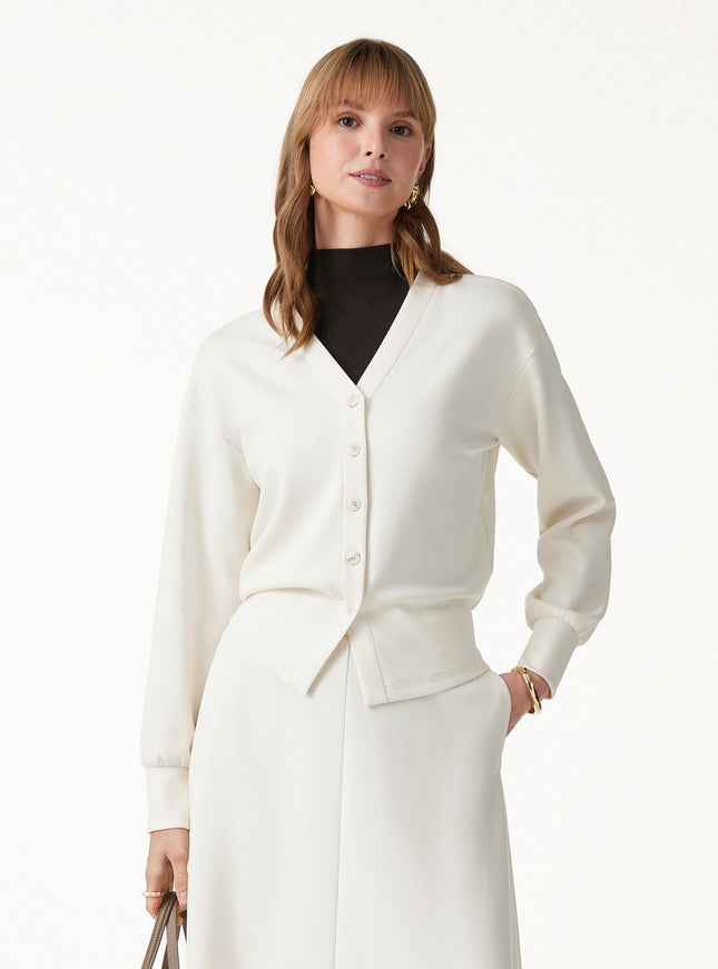 2Pcs Set V-Neck Long Sleeve Cardigan & Knit High-Rise Umbrella Midi Skirt with Pockets