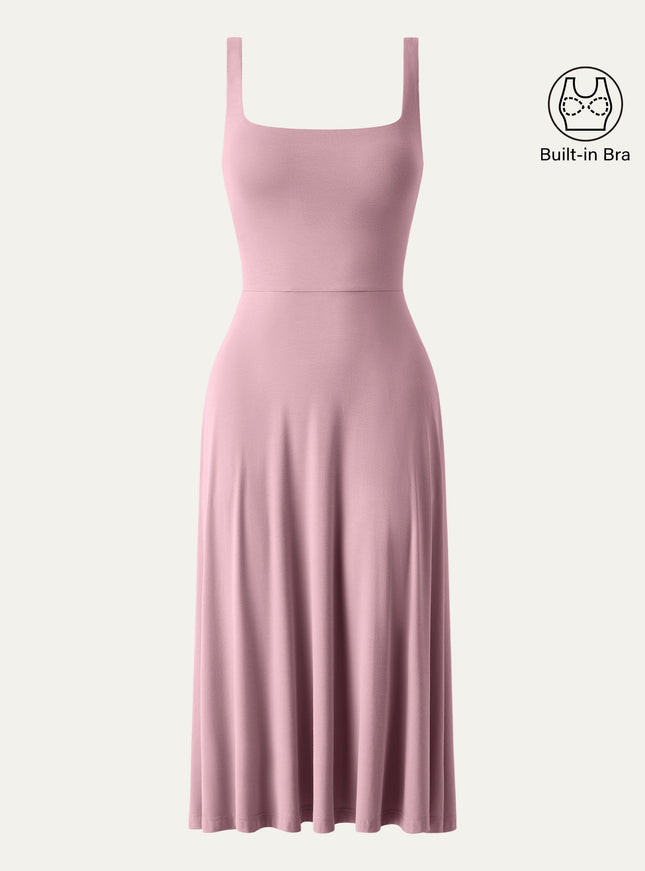 Square Neck Flowy New Airy Bra Midi Dress