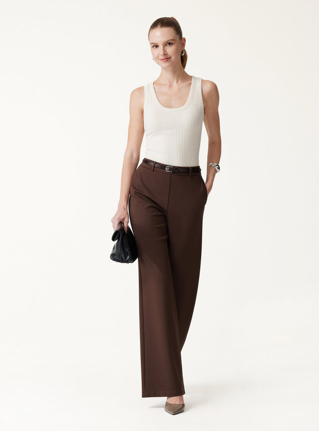 Ponte Mid-Rise Wide-Leg Pants with Pockets - Hickory Brown