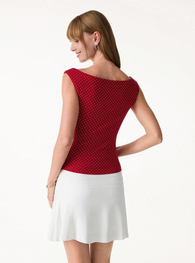 Stretch Cotton Polka Dot Boatneck Ruched Built-In Bra Top Limited Edition