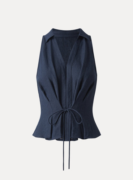 Collared V-neck Pleated Sleeveless Top with Drawstring