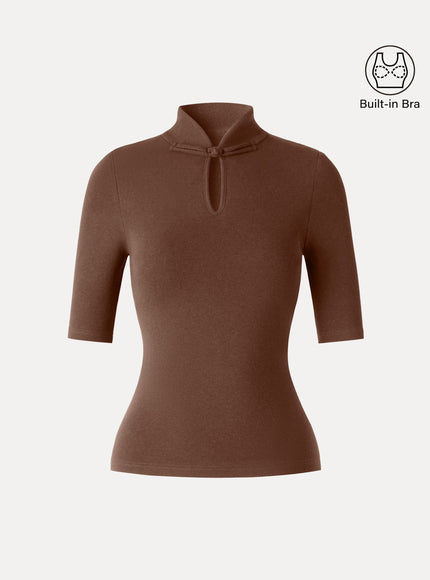 Teardrop Neck Elbow Sleeve Built-In Bra Top