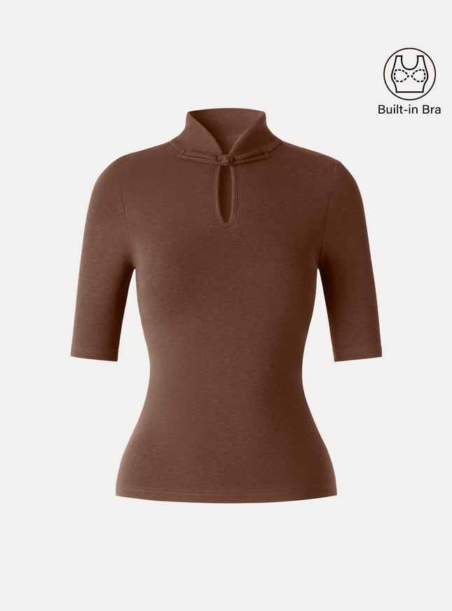 Teardrop Neck Elbow Sleeve Built-In Bra Top