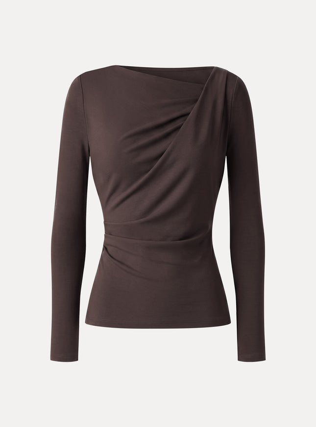 Asymmetrical Neck Long Sleeve Tucked-Waist Top