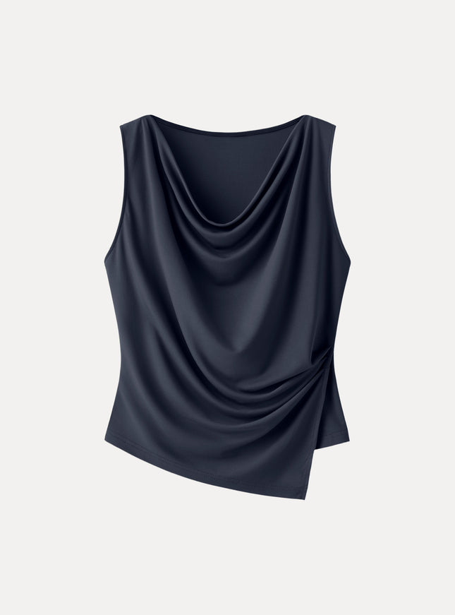 Cowl Neck Asymmetrical Tucked Sleeveless Top