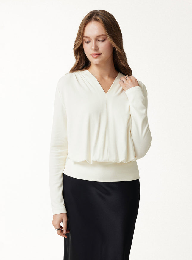 V-Neck Long Sleeve Ruched Banded Hem Top