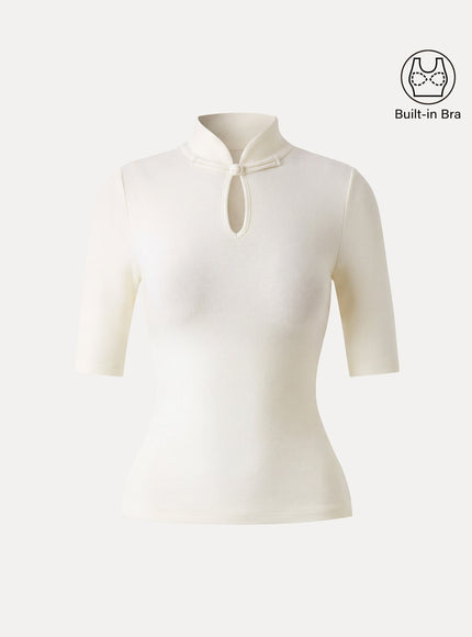 Teardrop Neck Elbow Sleeve Built-In Bra Top