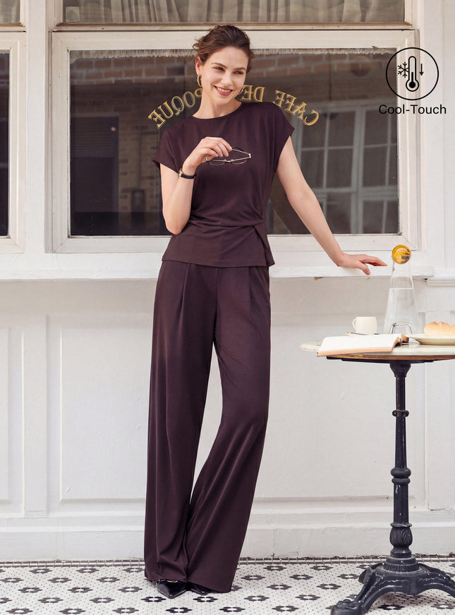 2Pcs Set Round Neck Tucked Top & Wide Leg The Success Pants