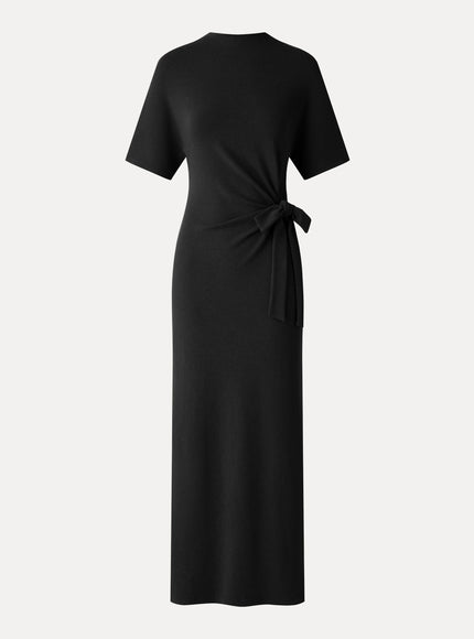 Mock Neck Elbow Sleeve Tie-Waist Midi Dress