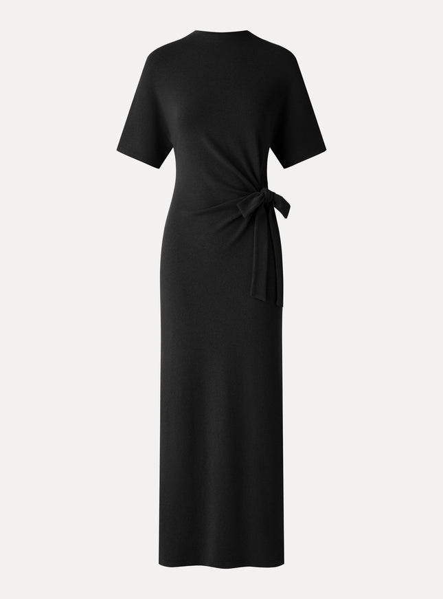 Mock Neck Elbow Sleeve Tie-Waist Midi Dress