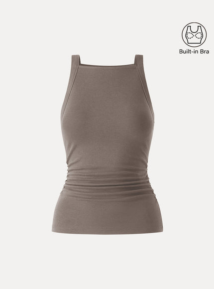 Chic Square Neck Ruched Rib Built-In Bra Tank