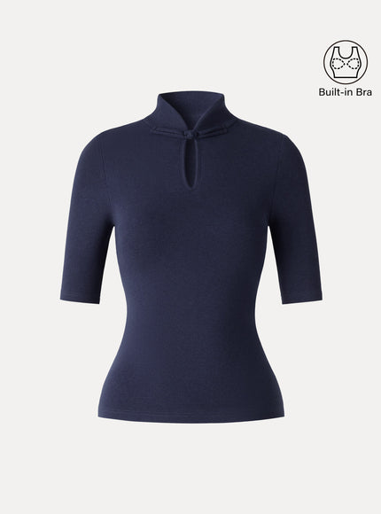 Teardrop Neck Elbow Sleeve Built-In Bra Top