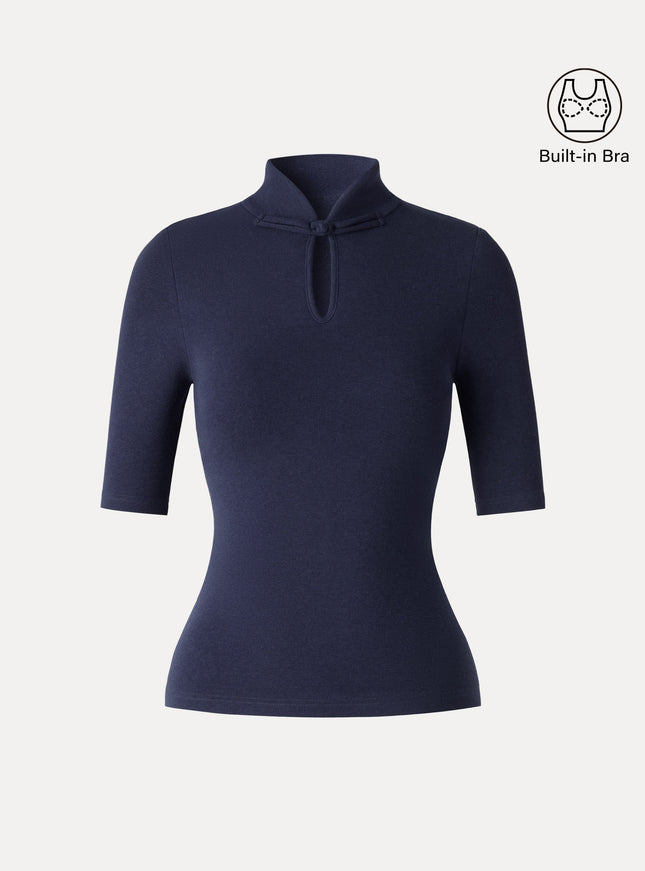 Teardrop Neck Elbow Sleeve Built-In Bra Top
