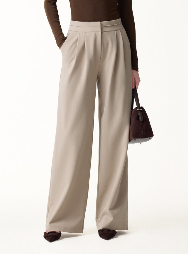 Ponte Mid-Rise Wide-Leg Tuck Pants with Pockets