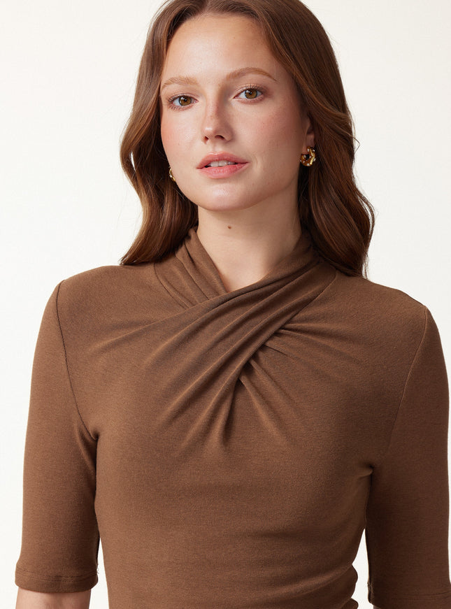 Crisscross Mock Neck Elbow Sleeve Ruched Top