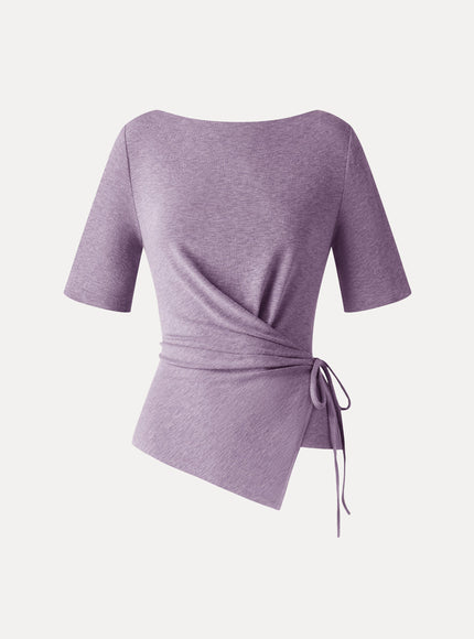 Slash Neck Short Sleeve Tie-Side Top