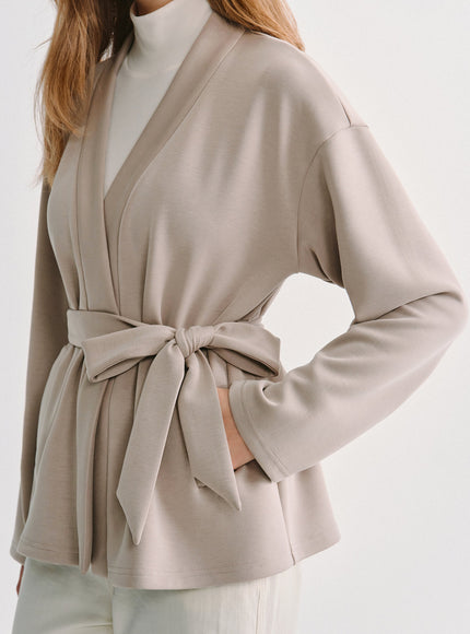 Modal Stretch Fleece Crossover Belted Wrap Cardigan Coat with Pockets