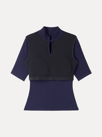Teardrop Neck Elbow Sleeve Built-In Bra Top