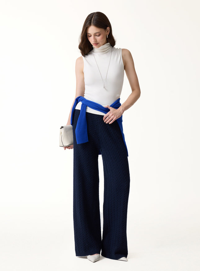 Merino-Blend Cable-Knit Wide-Leg Pants with Pockets