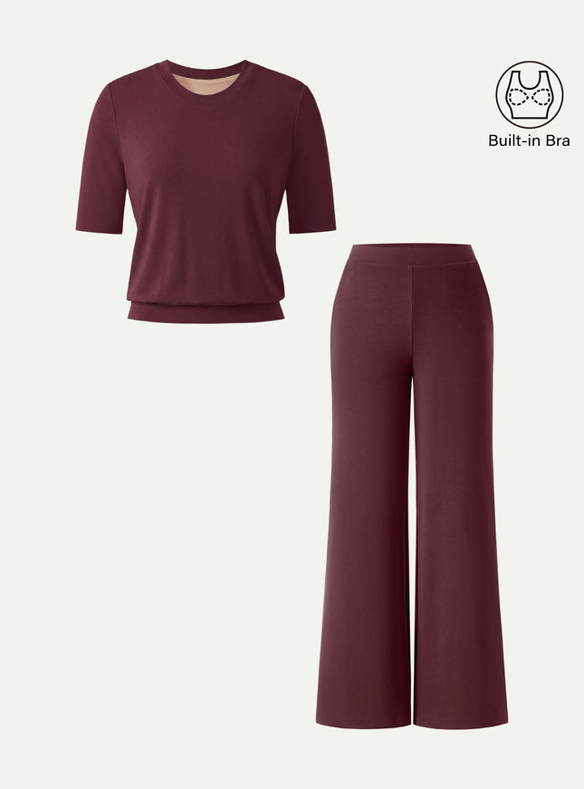 2Pcs Set Petite Wide Leg Pant with Pockets & Crewneck Built-In Bra Top