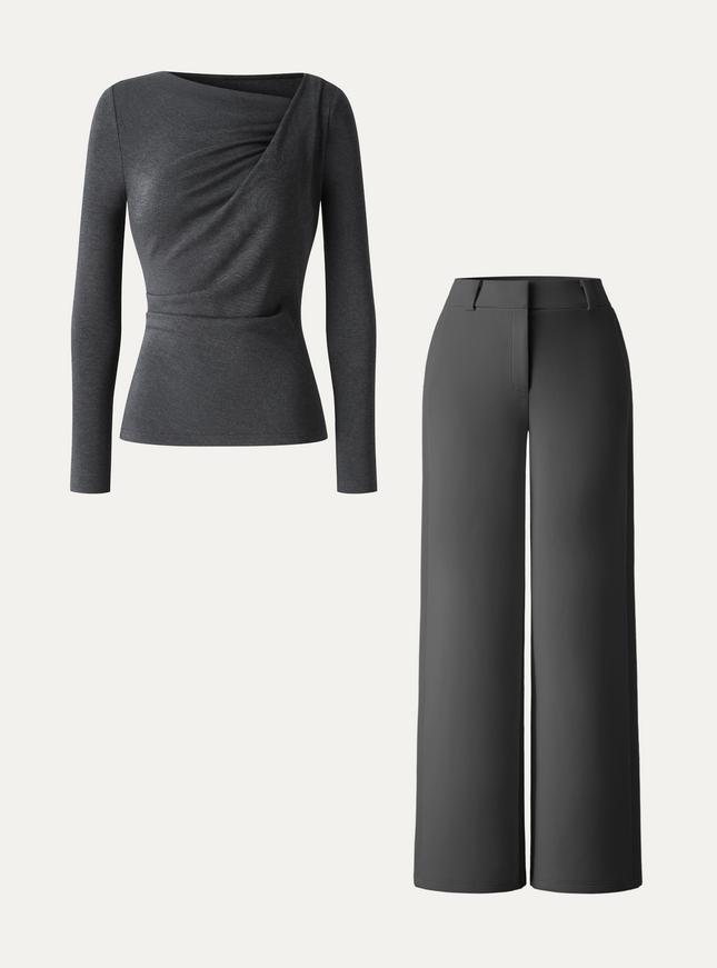 2Pcs Set Asymmetrical Neck Long Sleeve Top & Mid Rise Wide Leg Trouser
