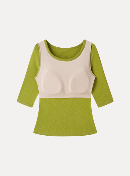 Round Neck Elbow Sleeve Built-In Bra Top