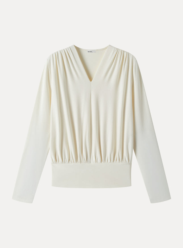 V-Neck Long Sleeve Ruched Banded Hem Top